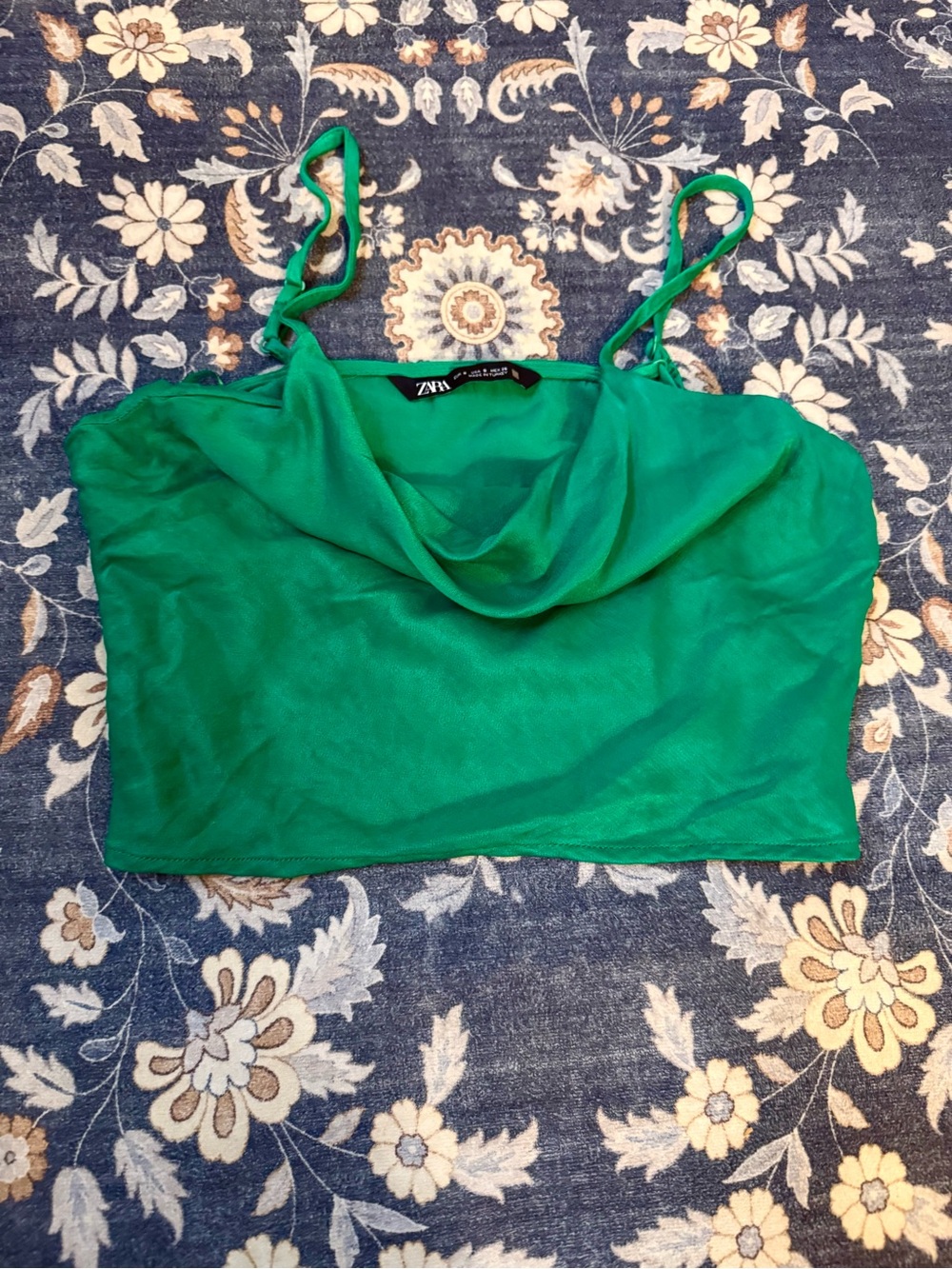 Zara Green Sheen Bright Spaghetti Cowl Crop Top Size S